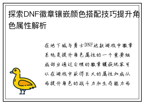 探索DNF徽章镶嵌颜色搭配技巧提升角色属性解析